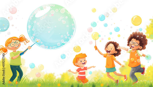 Happy Children Playing with a Giant Bubble Wand - Spark joy with this image of happy children playing with a giant bubble wand, perfect for illustrating wonder and excitement