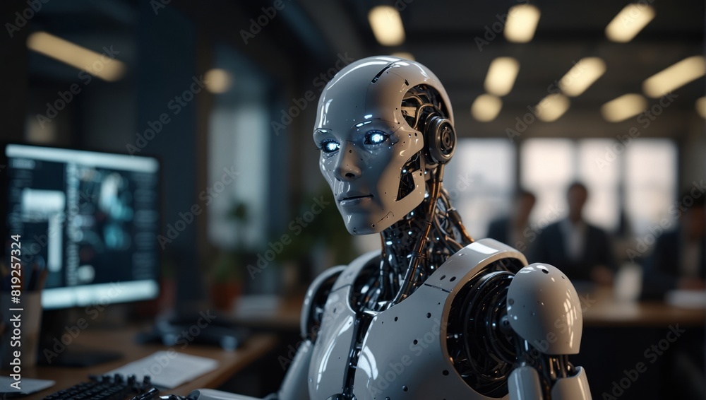 A robot working in a modern office with real people. artificial intelligence technology at work. A robot working in a modern office with real people. artificial intelligence technology at work.