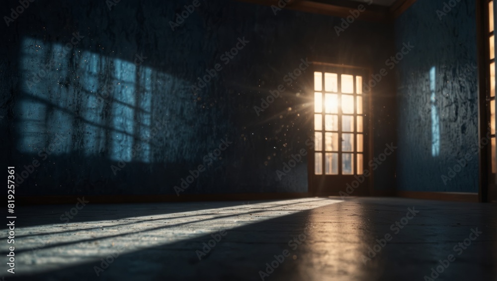 A room with a blue wall and white floor, the sun is shining through,. A room with a blue wall and white floor, the sun is shining through,.