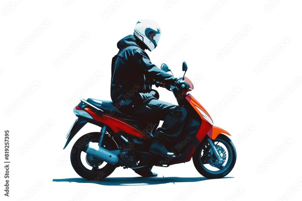 Scooter Adventure: Motorcyclist in Full Headgear, White Backdrop Scooter Adventure: Motorcyclist in Full Headgear, White Backdrop