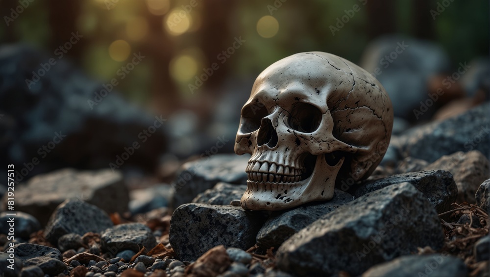 A skull is sitting on top of a pile of rocks,.