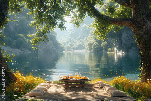 A serene lakeside picnic beneath the shade of tall trees, where friends share food and stories in the tranquility of nature. Concept of outdoor relaxation and camaraderie. Generative Ai.