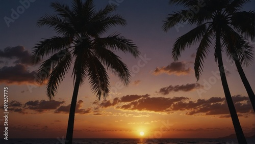 A sunset over the ocean with two palm trees in front of it .