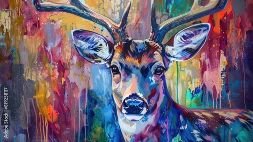 Painting of a deer with antlers on a colorful background