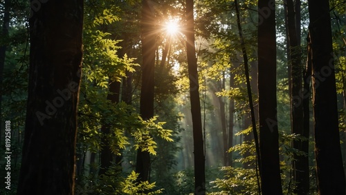 A view of the sun shining through a forest canopy .