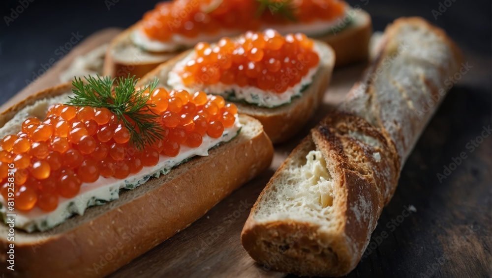 Baguette sandwiches with red salmon caviar and cheese. Top view. Baguette sandwiches with red salmon caviar and cheese. Top view.