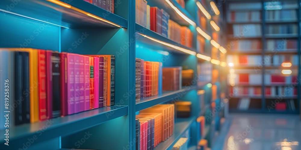 Colorful books on illuminated shelves in a modern library interior, creating a vibrant and inviting reading atmosphere. Colorful books on illuminated shelves in a modern library interior, creating a vibrant and inviting reading atmosphere.