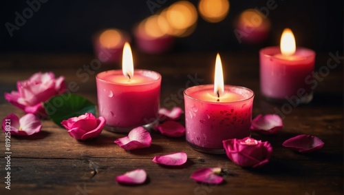 Burning pink candles with rose petals on wooden table. Romantic background.