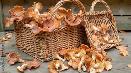  A basket brimming with mushrooms sits nearby a basket of decaying foliage atop a wooden floor