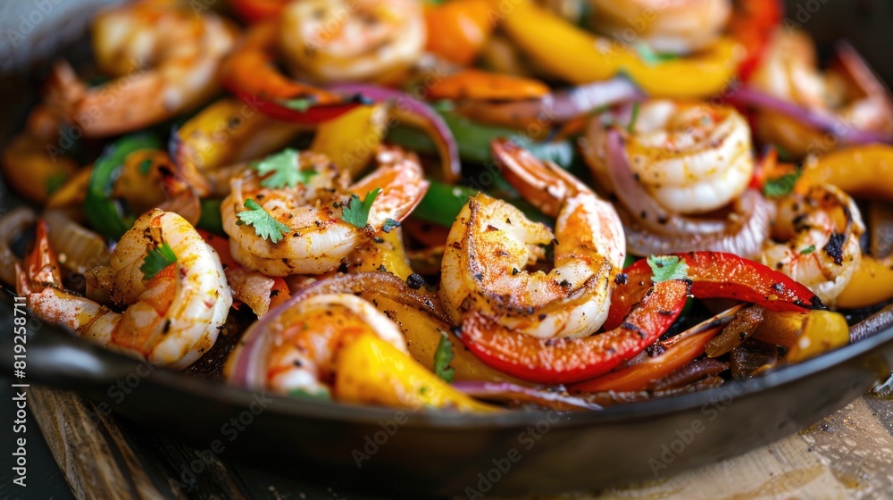 Pan filled with colorful bell peppers, onions, and succulent shrimp, all seasoned with fajita spices and baked to perfection Pan filled with colorful bell peppers, onions, and succulent shrimp, all seasoned with fajita spices and baked to perfection