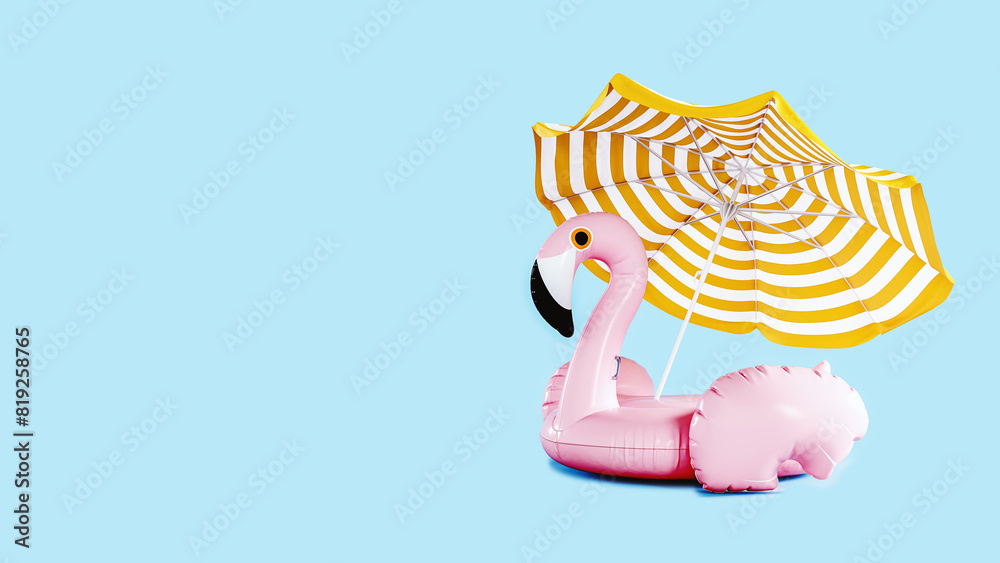 Pink flamingo with beach umbrella on blue background with copy space. Summer travel concept design. 3D Rendering, 3D Illustration