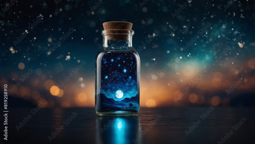Space in a bottle. moon, stars, watercolor stain. Space in a bottle. moon, stars, watercolor stain.