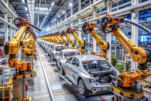 A line of cars are being built in a factory