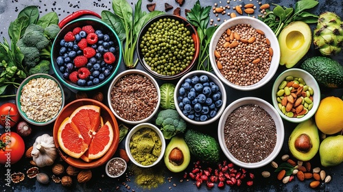  A variety of fruits, veggies, and grains are artfully arranged on a dark surface