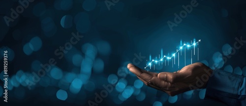 Business graph data analysis profit arrow with neon blue color over businessman hand. Generative AI