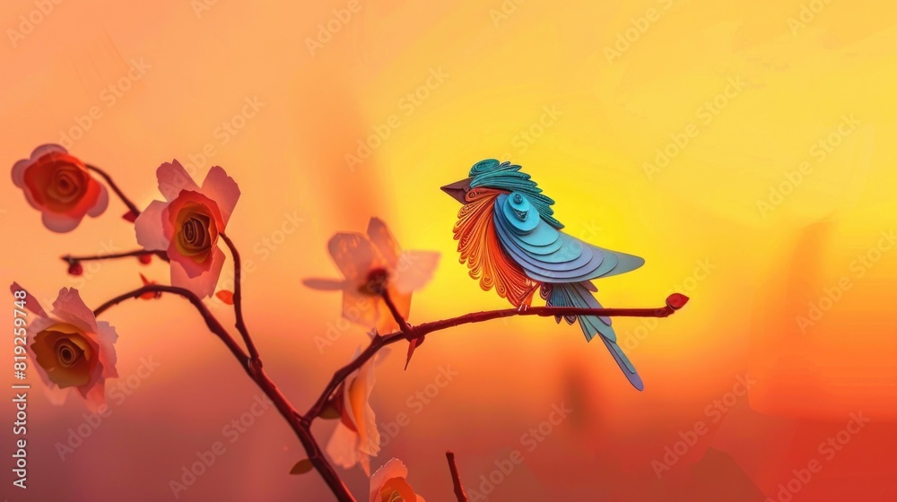 Paper quilling art of a colorful bird sitting on a branch at the sunset.