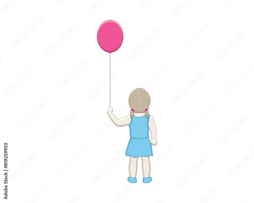 vector design, a cartoon illustration of a little girl in a blue shirt standing while holding a small red balloon in her left hand vector design, a cartoon illustration of a little girl in a blue shirt standing while holding a small red balloon in her left hand
