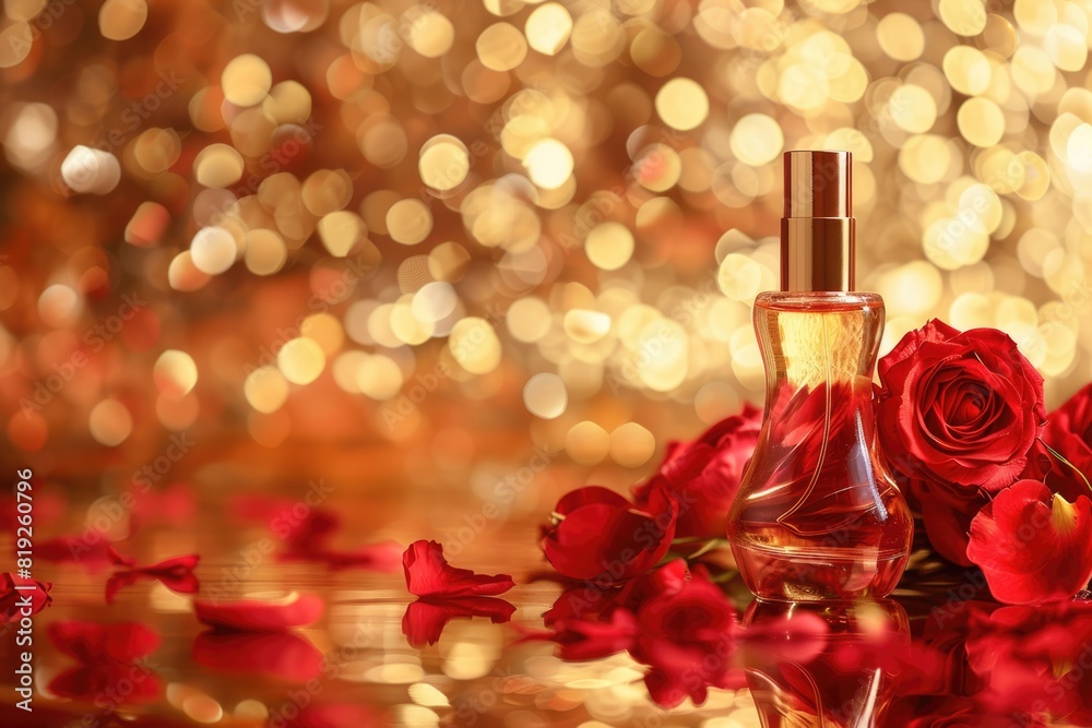Gold Red Background. Premium Cosmetic Table Setting for Exclusive Perfume Product Gold Red Background. Premium Cosmetic Table Setting for Exclusive Perfume Product