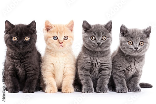 Cats Kittens. Four British Shorthair Adorable Cats Sitting Together on White Background