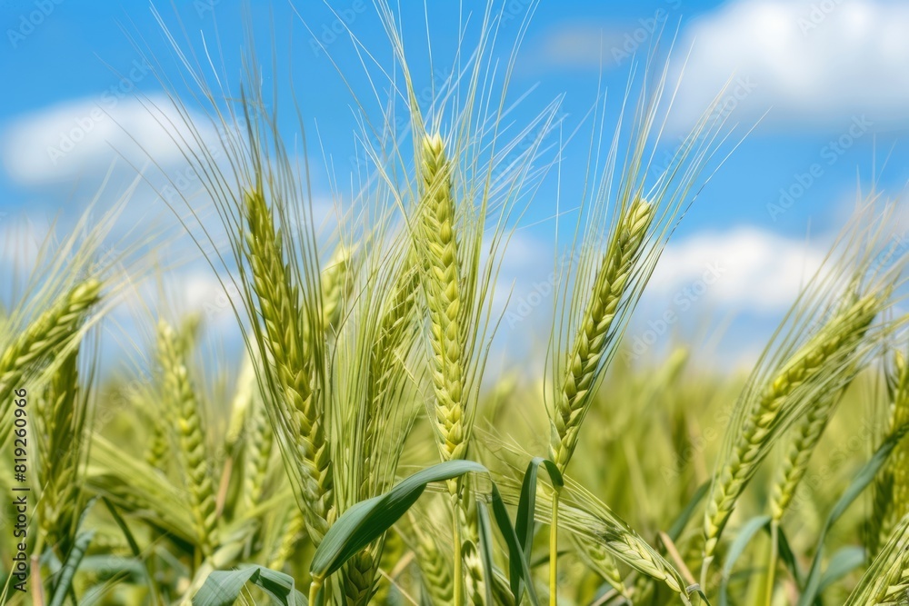 Green and yellow ears of triticale against the blue sky background. Wheat and rye hybrid. Green and yellow ears of triticale against the blue sky background. Wheat and rye hybrid.