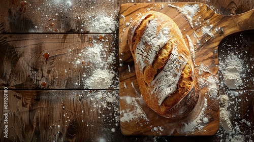  A loaf of bread rests atop a cutting board beside a wooden one, dusted with powdered sugar
