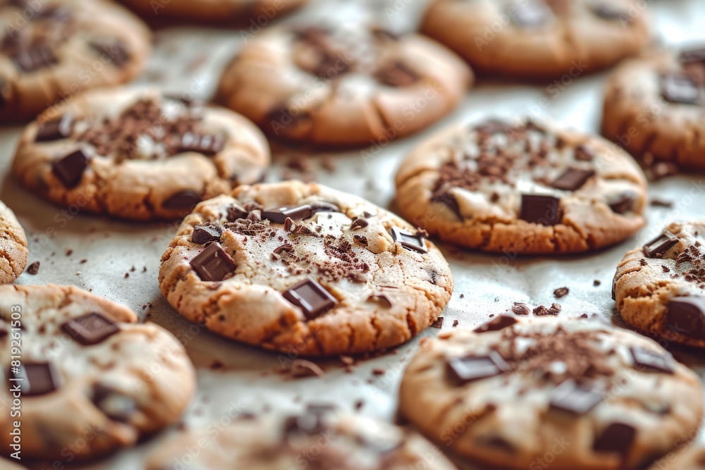 Bake Cookies. Close-up of Baked American Cookies with Chocolate Crumbs on Parchment Paper in Kitchen Bake Cookies. Close-up of Baked American Cookies with Chocolate Crumbs on Parchment Paper in Kitchen