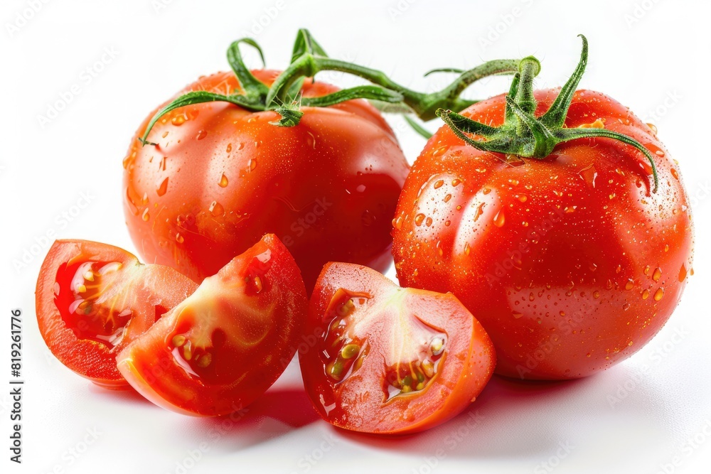 Tomatoes on White Background. Fresh Red Tomatoes Cut and Isolated in Vibrant and Vegetarian Display Tomatoes on White Background. Fresh Red Tomatoes Cut and Isolated in Vibrant and Vegetarian Display