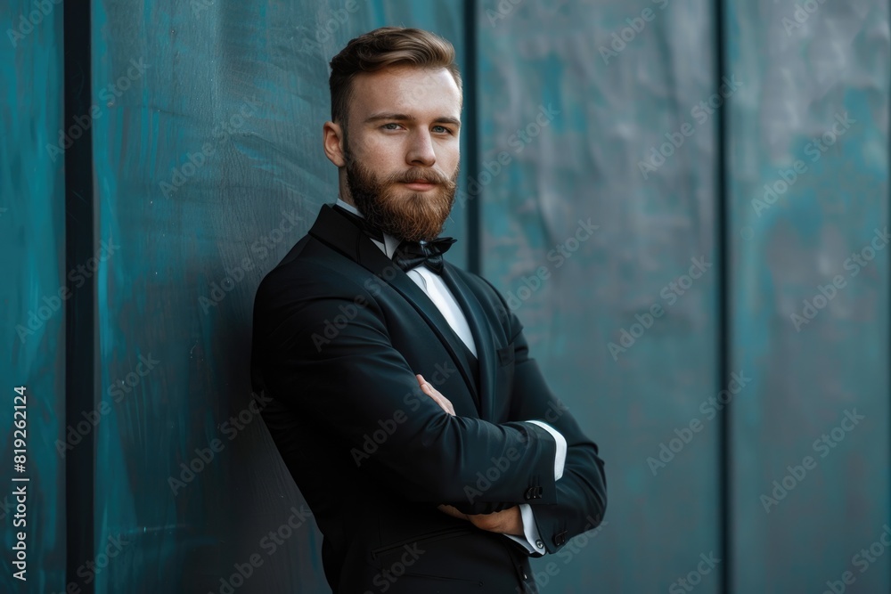 Young Man In Suit. Handsome Male Model in Black Suit with Attractive Beard Young Man In Suit. Handsome Male Model in Black Suit with Attractive Beard