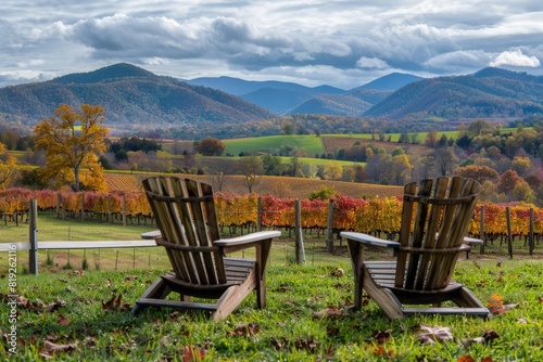 House With Mountains. Wooden Lounge Chairs in Autumn Foliage Countryside Winery at Blue Ridge photo