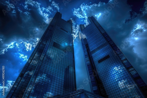 Banking Building. Modern Architecture of Frankfurt am Main City with Backlight and Blue Clouds