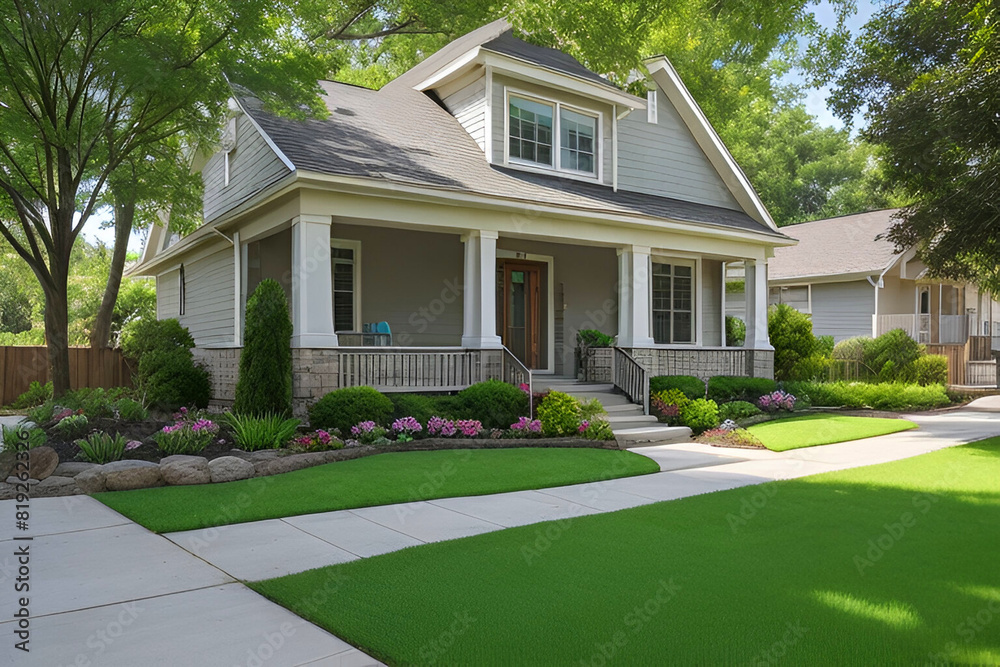 A Front Yard of a House with walk way and grass Ai Generated A Front Yard of a House with walk way and grass Ai Generated