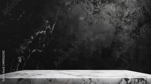 Desk Space. Carrara Marble Tabletop on Black Cement Stone Background for Elegant Product Display