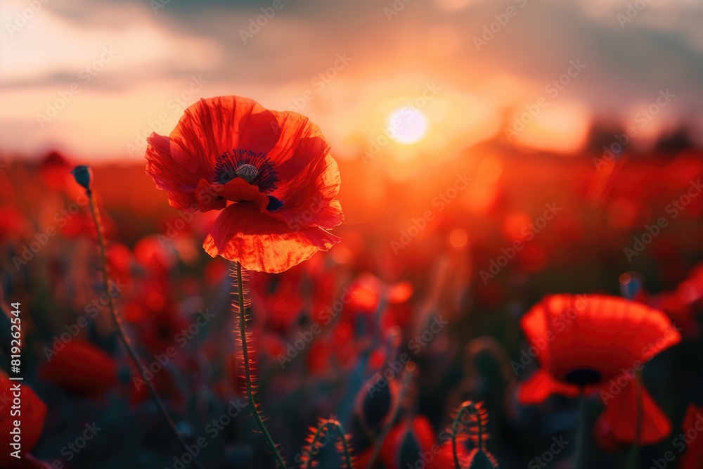 Obraz premium Warm Nature. Red Poppy Flower in Sunset Meadow Field - Remembrance Day Concept
