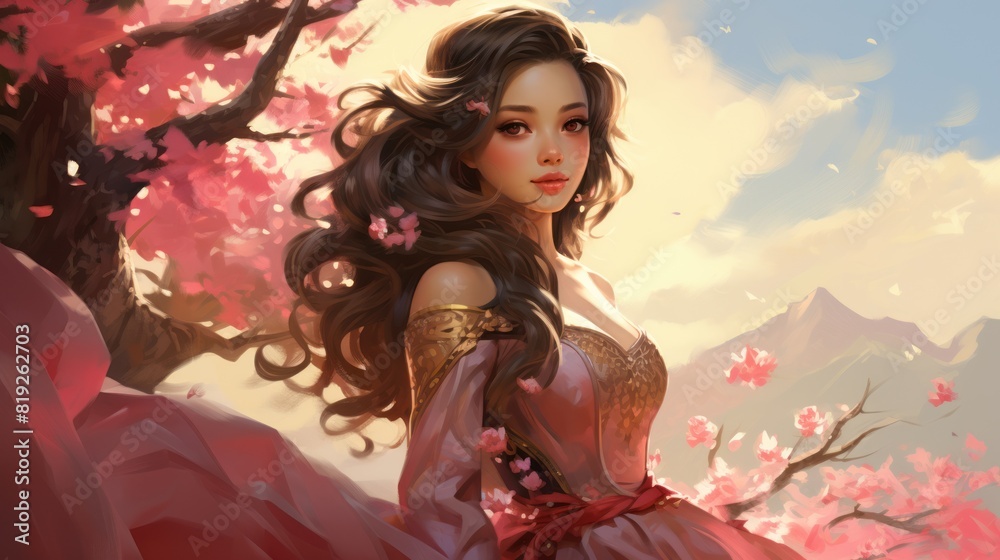 Fototapeta premium Cute portrait of a girl under sakura blossoms, her smile as radiant as the summer sun.