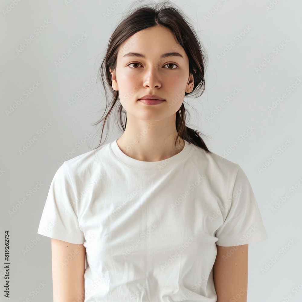 Pearl t-shirt with a round neckline, solid color, white background Pearl t-shirt with a round neckline, solid color, white background