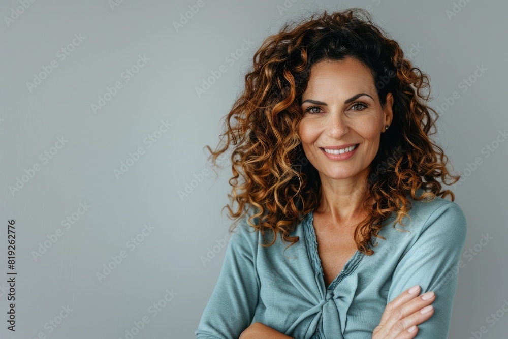 European Woman. Portrait of a Middle-Aged Caucasian Woman with Curly Hair Smiling at Camera European Woman. Portrait of a Middle-Aged Caucasian Woman with Curly Hair Smiling at Camera
