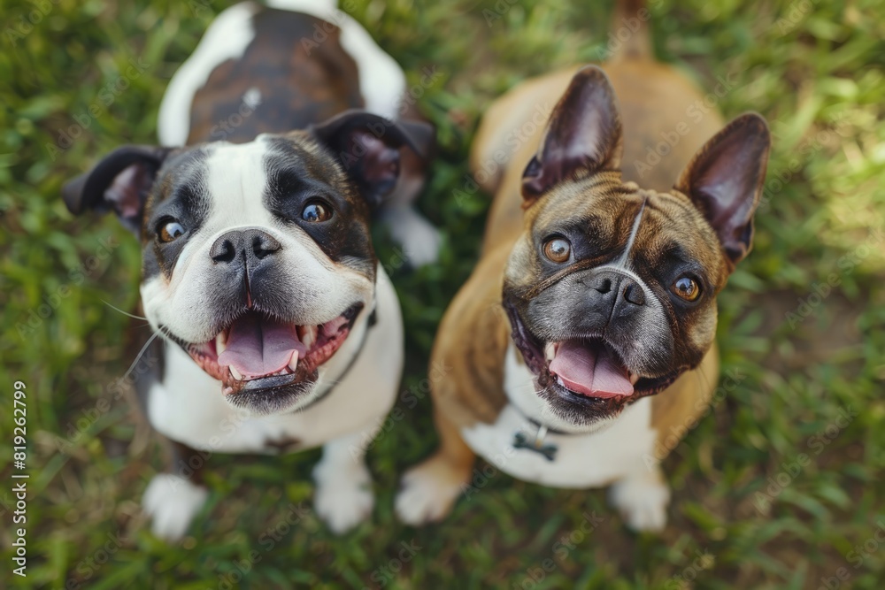 Happy Dogs. Two Cute Dogs Sitting on Spring Green Grass, Looking Loyally Up at Owner Happy Dogs. Two Cute Dogs Sitting on Spring Green Grass, Looking Loyally Up at Owner