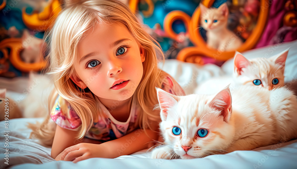 Portrait of a cute touching baby girl with cats on the bed. Beautiful girl with pets Portrait of a cute touching baby girl with cats on the bed. Beautiful girl with pets