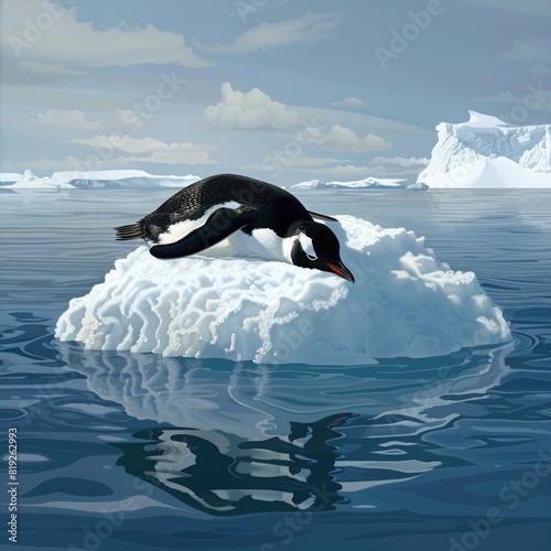 Penguin lying on a drifting piece of iceberg