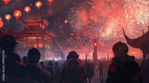 People at Chinese New Year watching fireworks. photo