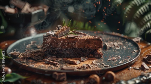 A moody still life featuring a single slice of decadent cake bathed in warm  dim light. Chocolate shavings and crumbs scatter around the plate  hinting at a delicious and