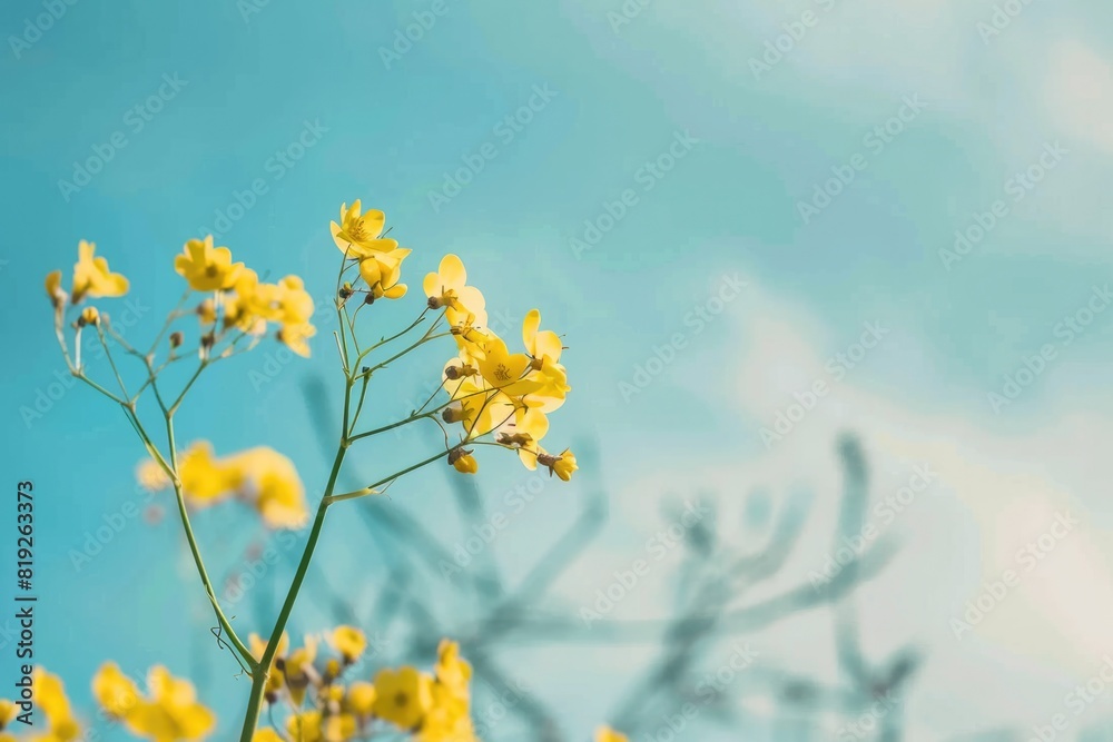 Yellow Field Flowers. Beautiful Yellow Rapeseed Flowers in Blue Sky, Copy Space