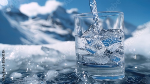 A glass of pouring crystal mineral drinking aqua water on blurred nature, snow mountain landscape background. Organic pure fresh natural water. Healthy refreshing drink