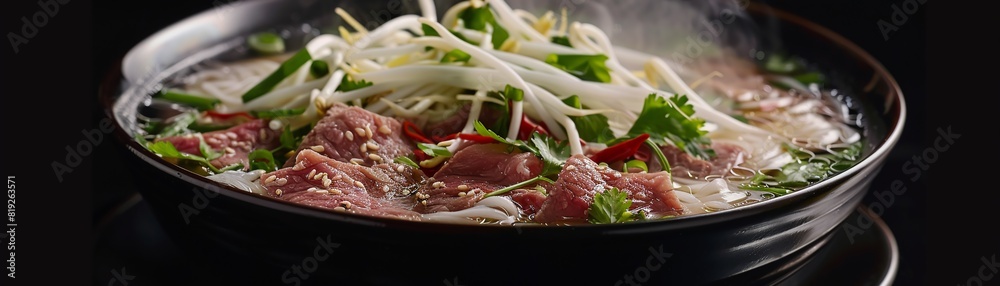 A steaming bowl of pho with beef slices, rice noodles, bean sprouts, and herbs, black background, studio lighting