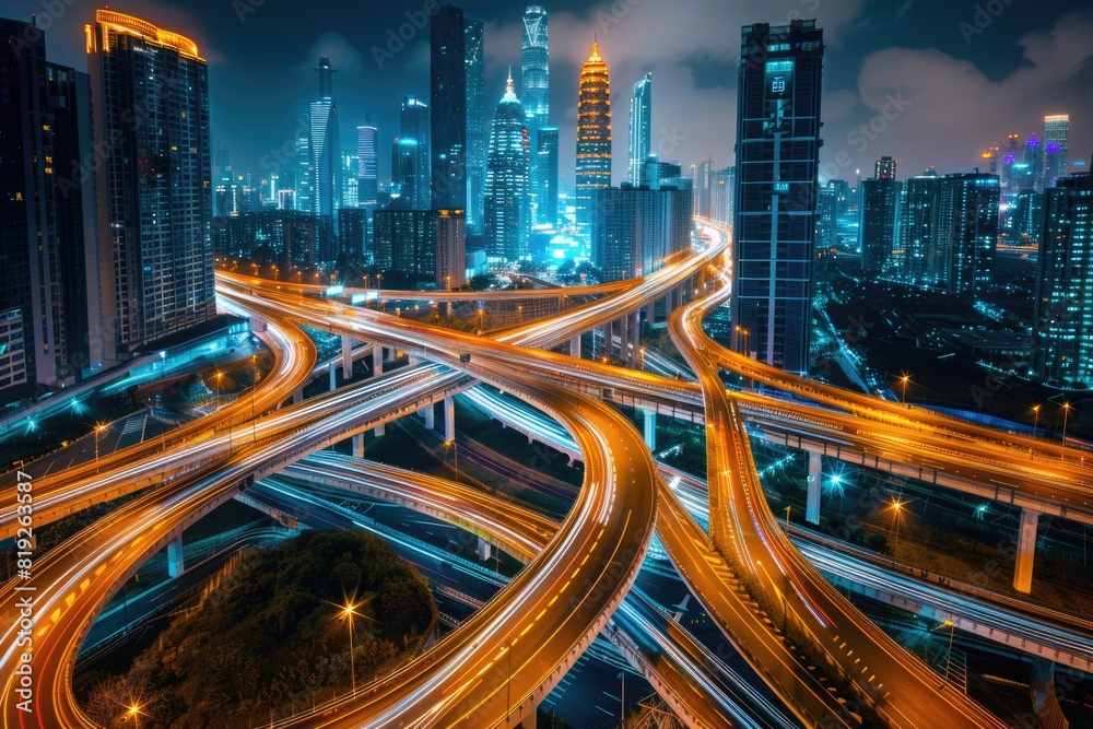 Obraz premium City Traffic. Nighttime Overpass Closeup on Beautiful City Highway Interchange