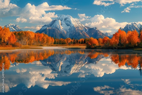 Mountain Reflection. Grand Teton National Park in Fall - Serene Lake Reflecting Vibrant Colors