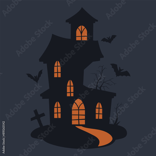 Cartoon creepy house with ghosts. Ghost house silhouette, spooky monsters gloomy house flat vector illustration. Halloween haunted house