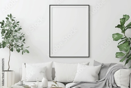 Mockup Picture. Modern Scandinavian Interior with Blank Picture Frame on White Wall