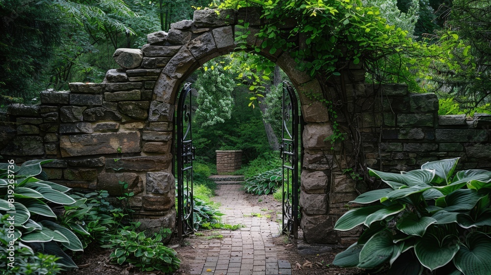 Garden Door. Ancient Stone Arch Entrance Wall with Pathway and Old Gate