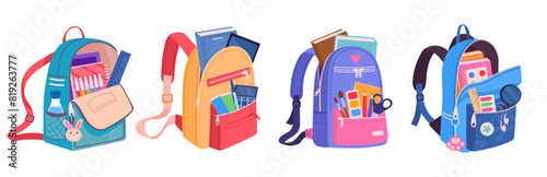 Cartoon school bags. Colorful school backpacks, cute school bags with school supplies and notebooks, textile kids backpacks flat vector illustration set. Multicolored backpacks collection